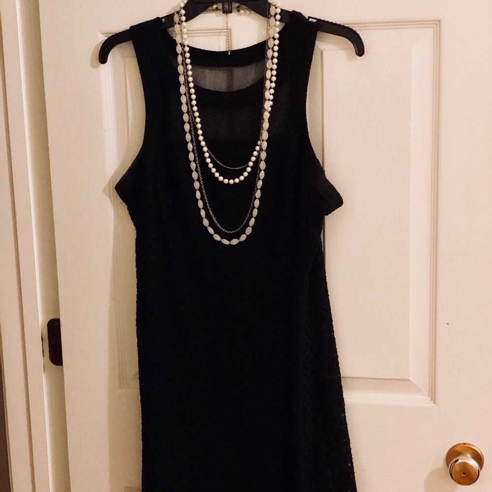 Black Lace LBD halter+ layered pearl necklace $42